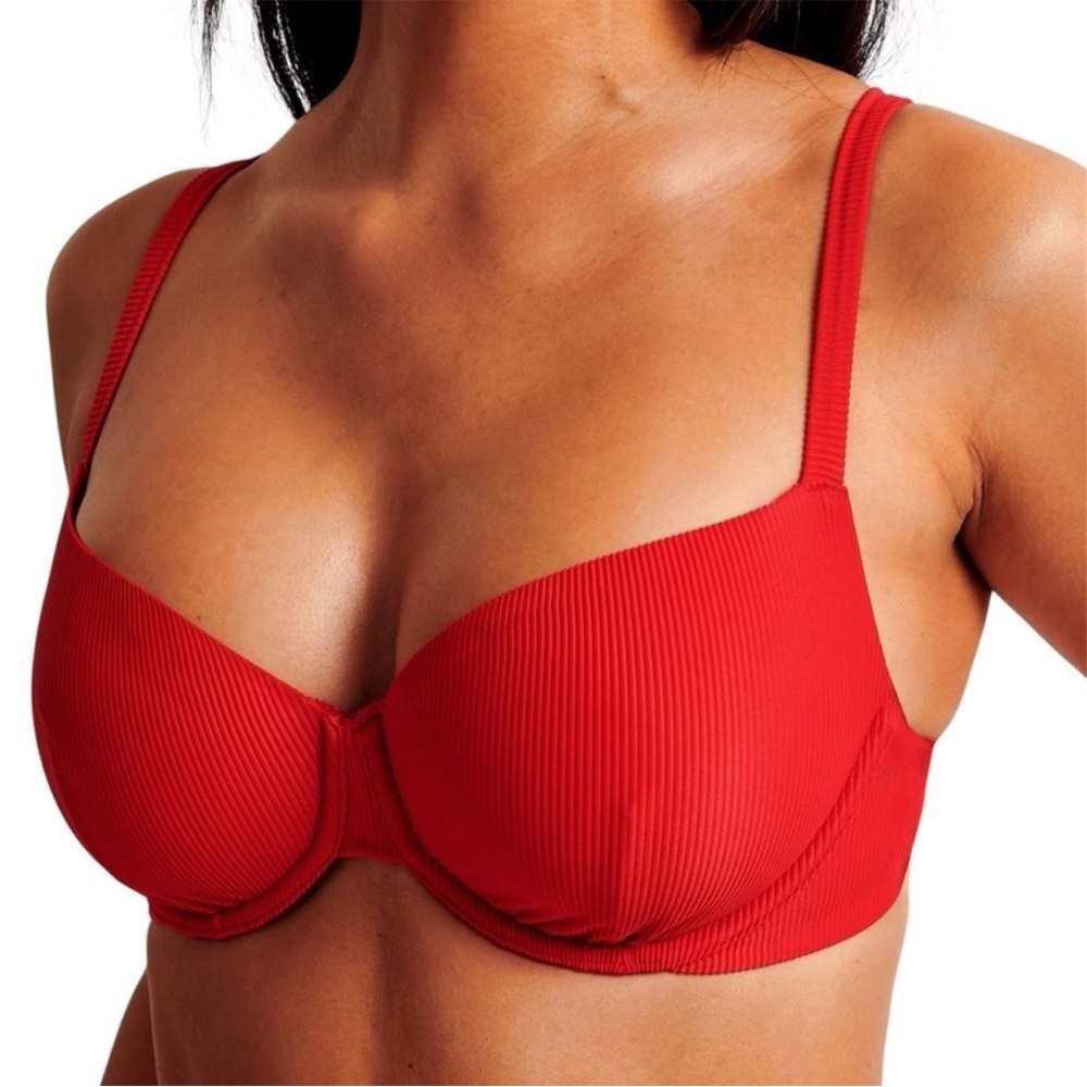 XS Red Ribbed Curve Love Bikini Top